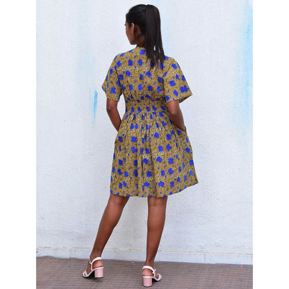 Chidiyaa Humming Bird Golden Paisley Handblock Printed Cotton Dress