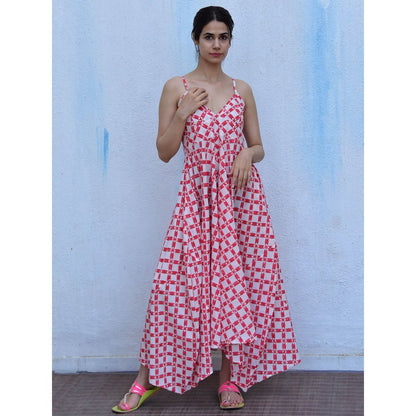 Chidiyaa Rain Dancing Drizzle Hand Block Printed Cotton Red Maxi Dress