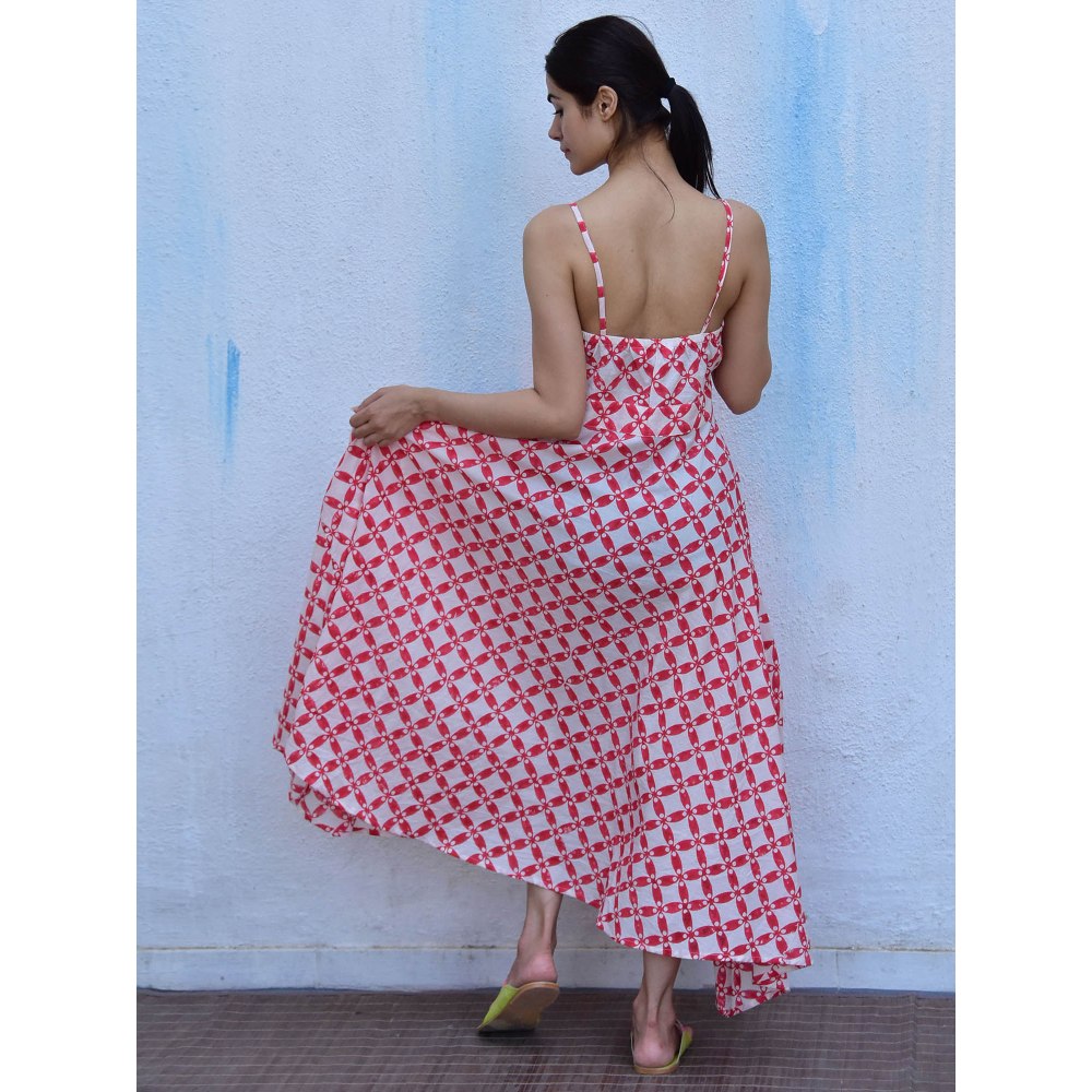 Chidiyaa Rain Dancing Drizzle Hand Block Printed Cotton Red Maxi Dress