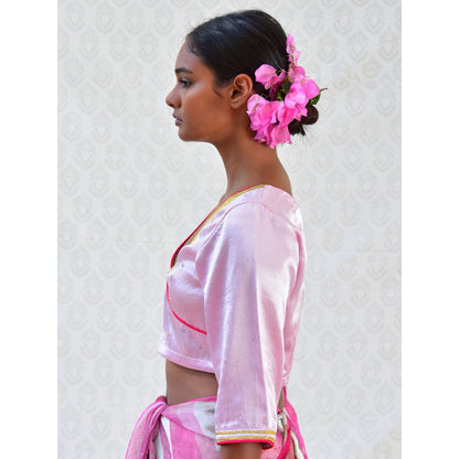 Chidiyaa Bougainvillea Regal Pink Hand Embroidered Mashru Silk Blouse
