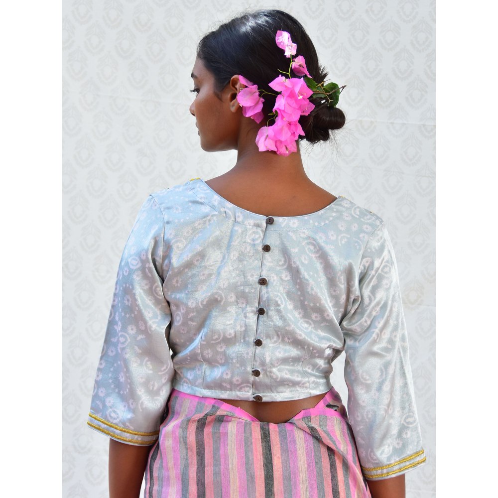 Chidiyaa Bougainvillea Baby Blue Handblock Printed Mashru Silk Blouse