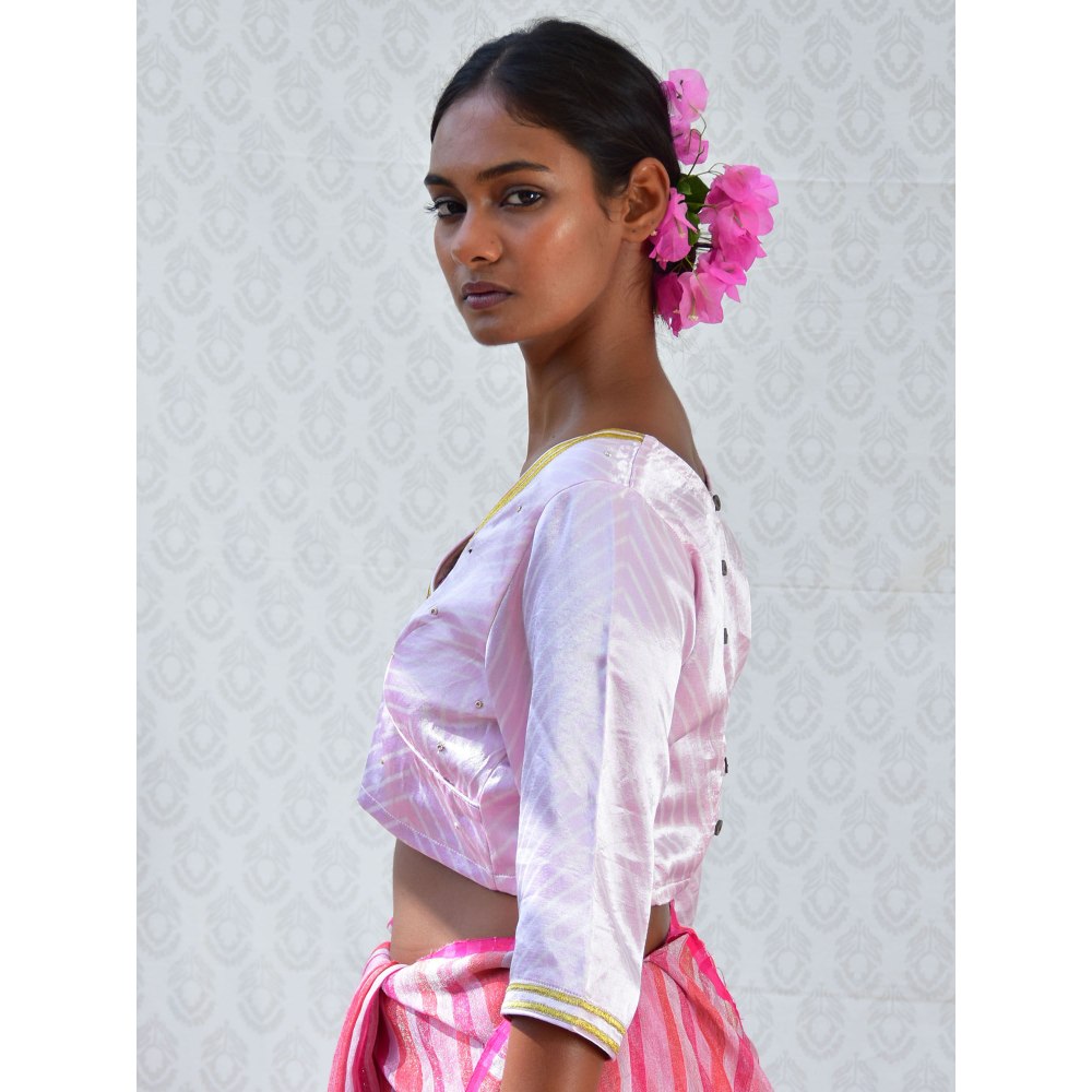 Chidiyaa Bougainvillea Lavender Sip Handblock Stripes Printed Mashru Silk Blouse
