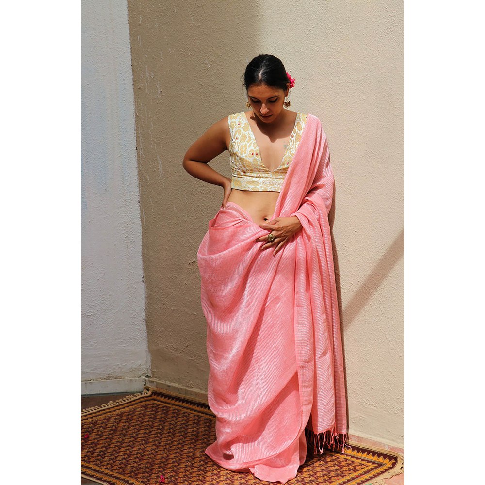 Chidiyaa Thread of Gold Dilruba Baby Pink Handwoven Linen Zari Saree with Unstitched Blouse