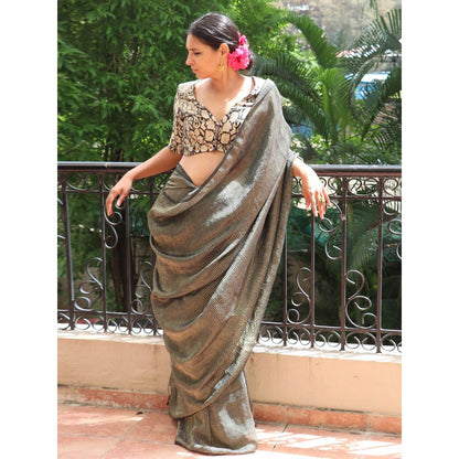 Chidiyaa Thread of Gold Jade Handwoven Linen Zari Saree with Unstitched Blouse