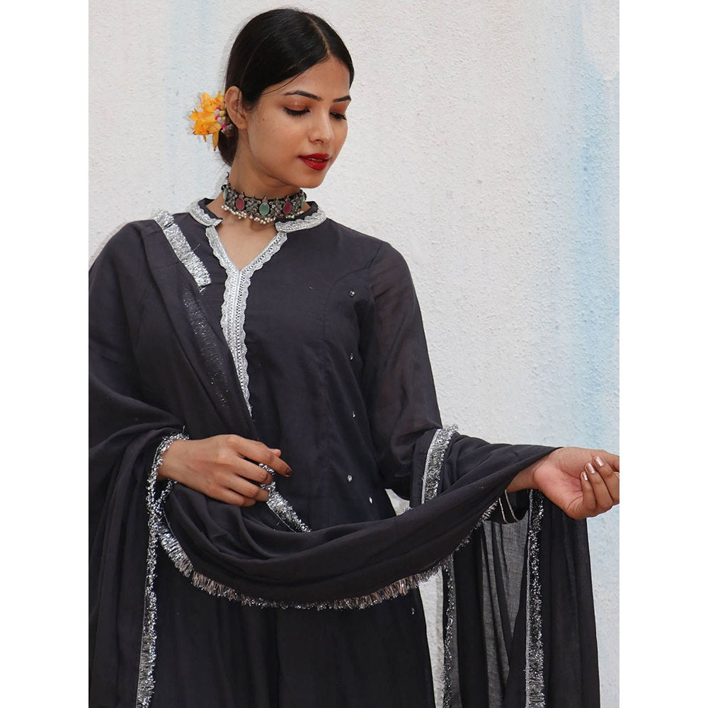 Chidiyaa Jugnu Tej Black Mulmul Cotton Kurta Pants with Dupatta (Set of 3)