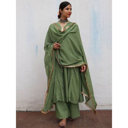 Chidiyaa Jugnu Akash Green Mulmul Cotton Kurta Pants with Dupatta (Set of 3)