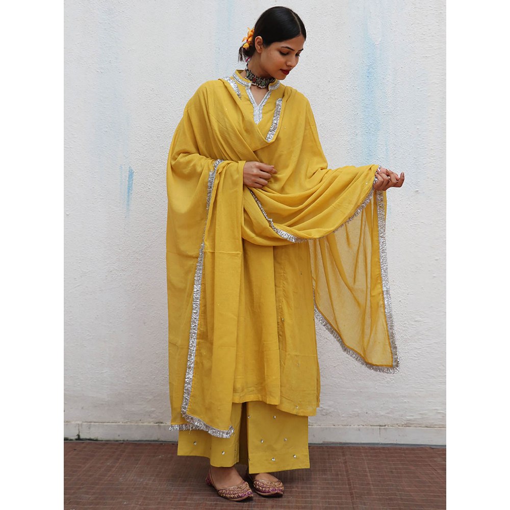 Chidiyaa Jugnu Manjari Mustard Mulmul Cotton Kurta Pants with Dupatta (Set of 3)