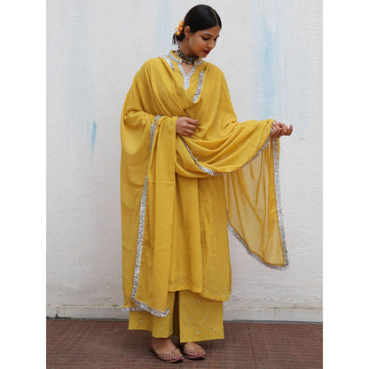 Chidiyaa Jugnu Manjari Mustard Mulmul Cotton Kurta Pants with Dupatta (Set of 3)