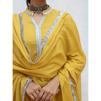 Chidiyaa Jugnu Manjari Mustard Mulmul Cotton Kurta Pants with Dupatta (Set of 3)