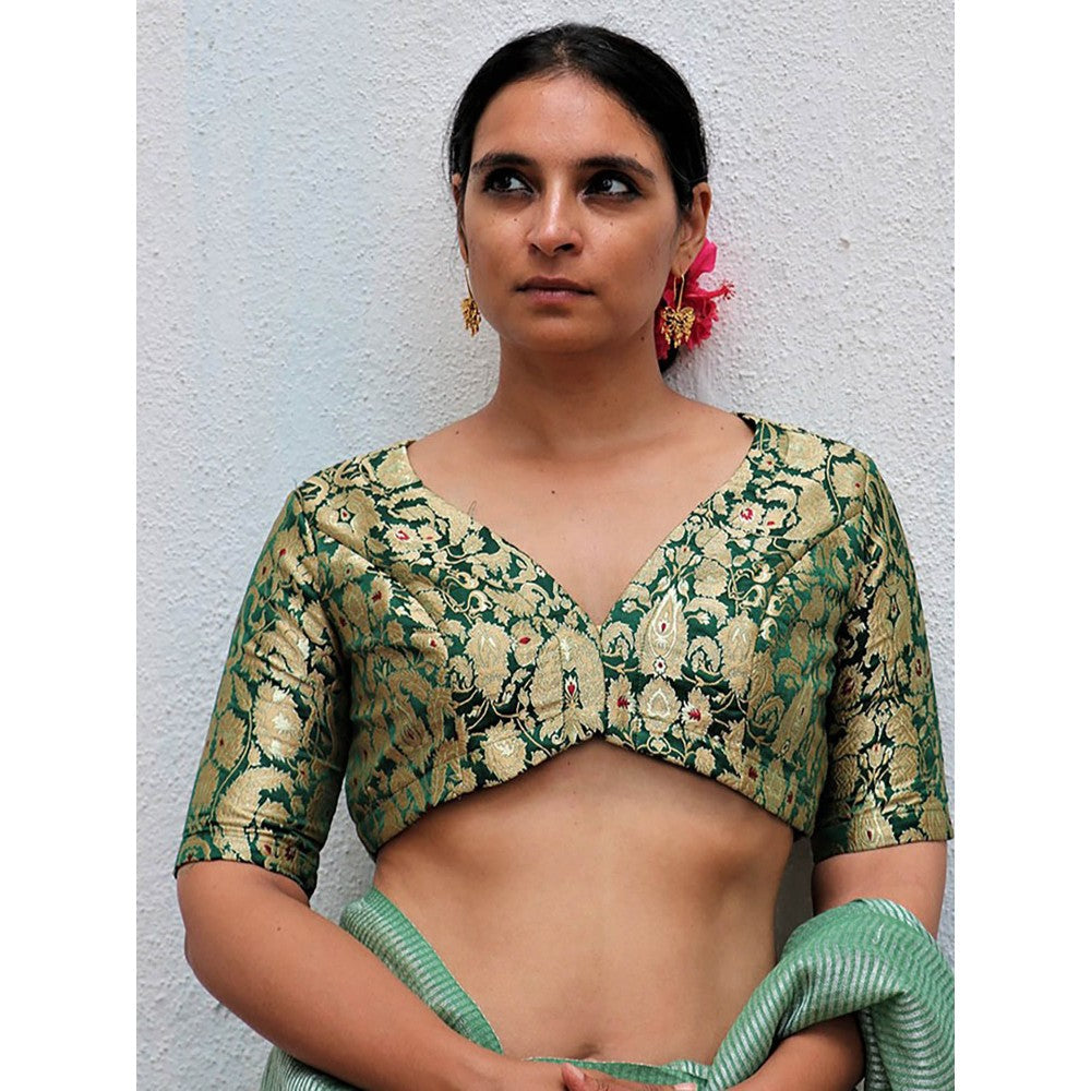 Chidiyaa Thread of Gold Mehndi Green Brocade Blouse