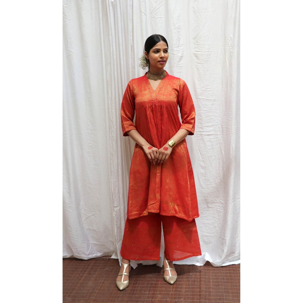 Chidiyaa Lali Handwoven Cotton Zari Kurta & Palazzo (Set of 2)