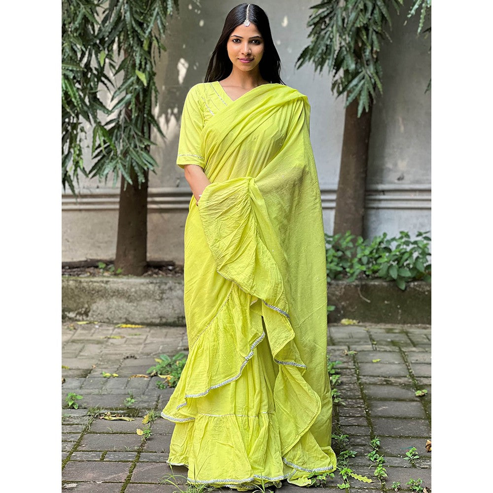 Chidiyaa Jugnu Heer Lime Green Mulmul Cotton Saree with Stitched Blouse