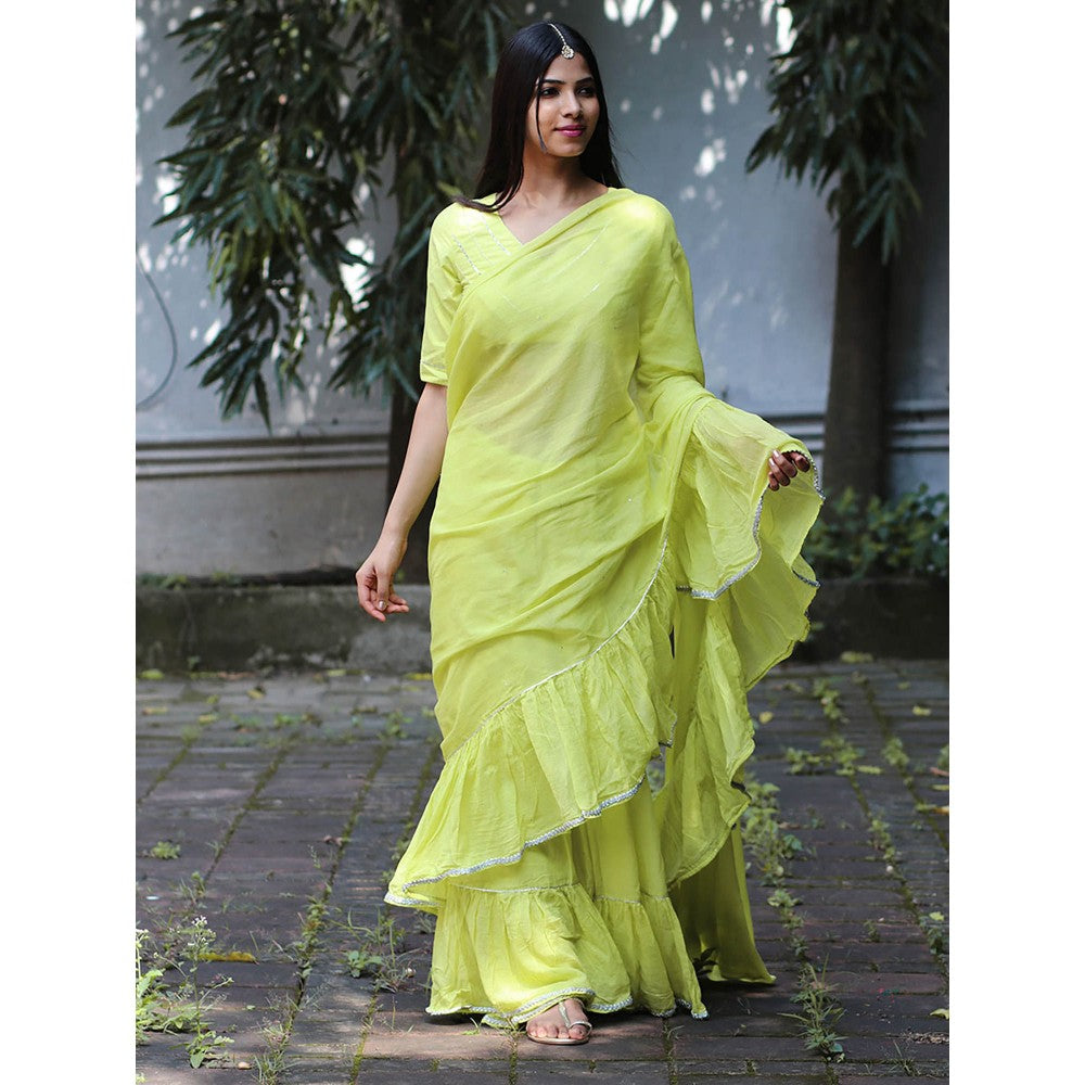 Chidiyaa Jugnu Heer Lime Green Mulmul Cotton Saree with Stitched Blouse
