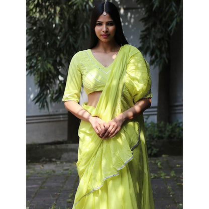 Chidiyaa Jugnu Heer Lime Green Mulmul Cotton Saree with Stitched Blouse