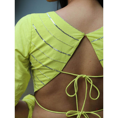 Chidiyaa Jugnu Heer Lime Green Mulmul Cotton Saree with Stitched Blouse
