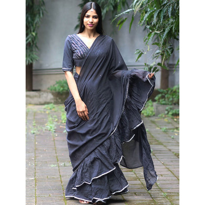 Chidiyaa Jugnu Firefly Charcoal Grey Mulmul Cotton Saree with Stitched Blouse
