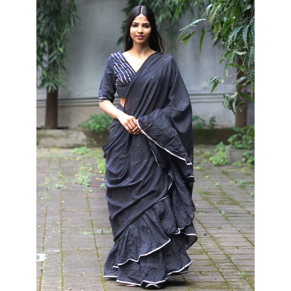 Chidiyaa Jugnu Firefly Charcoal Grey Mulmul Cotton Saree with Stitched Blouse