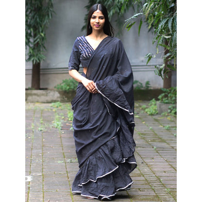 Chidiyaa Jugnu Firefly Charcoal Grey Mulmul Cotton Saree with Stitched Blouse