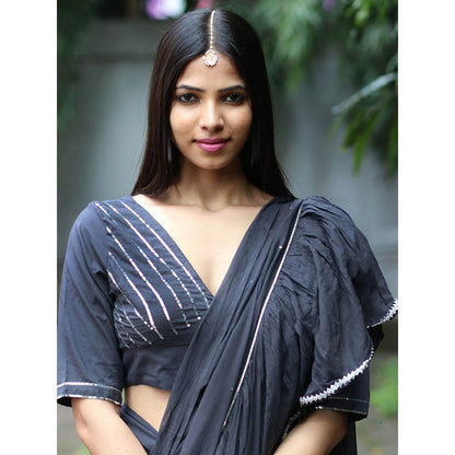 Chidiyaa Jugnu Firefly Charcoal Grey Mulmul Cotton Saree with Stitched Blouse