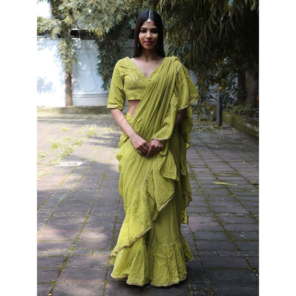 Chidiyaa Jugnu Sparkle Pear Green Mulmul Cotton Saree with Stitched Blouse