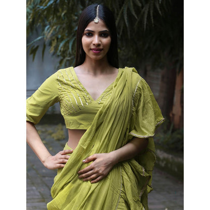 Chidiyaa Jugnu Sparkle Pear Green Mulmul Cotton Saree with Stitched Blouse
