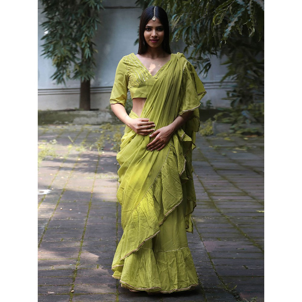 Chidiyaa Jugnu Sparkle Pear Green Mulmul Cotton Saree with Stitched Blouse