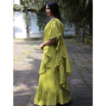 Chidiyaa Jugnu Sparkle Pear Green Mulmul Cotton Saree with Stitched Blouse