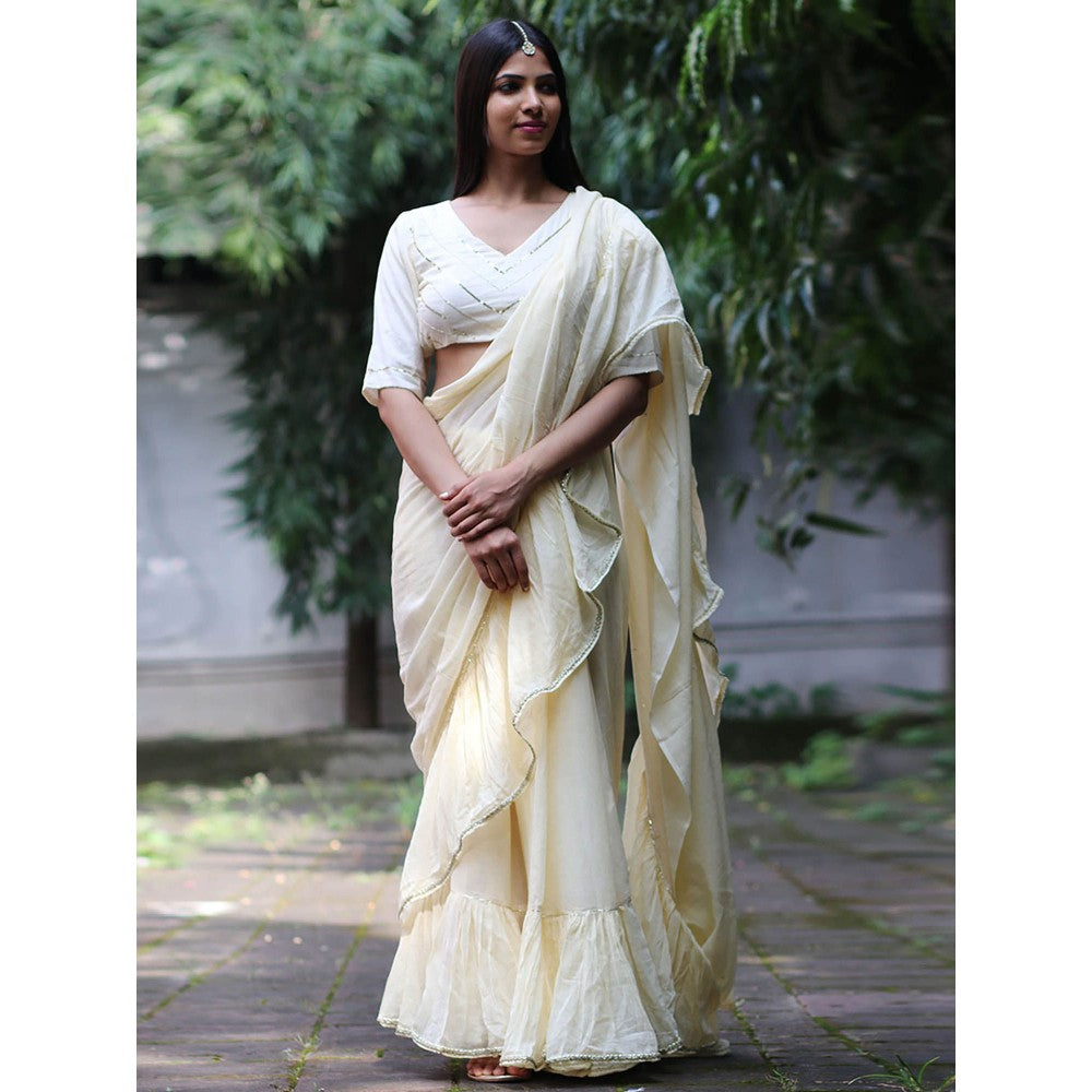 Chidiyaa Jugnu Starlit Cream Mulmul Cotton Saree with Stitched Blouse