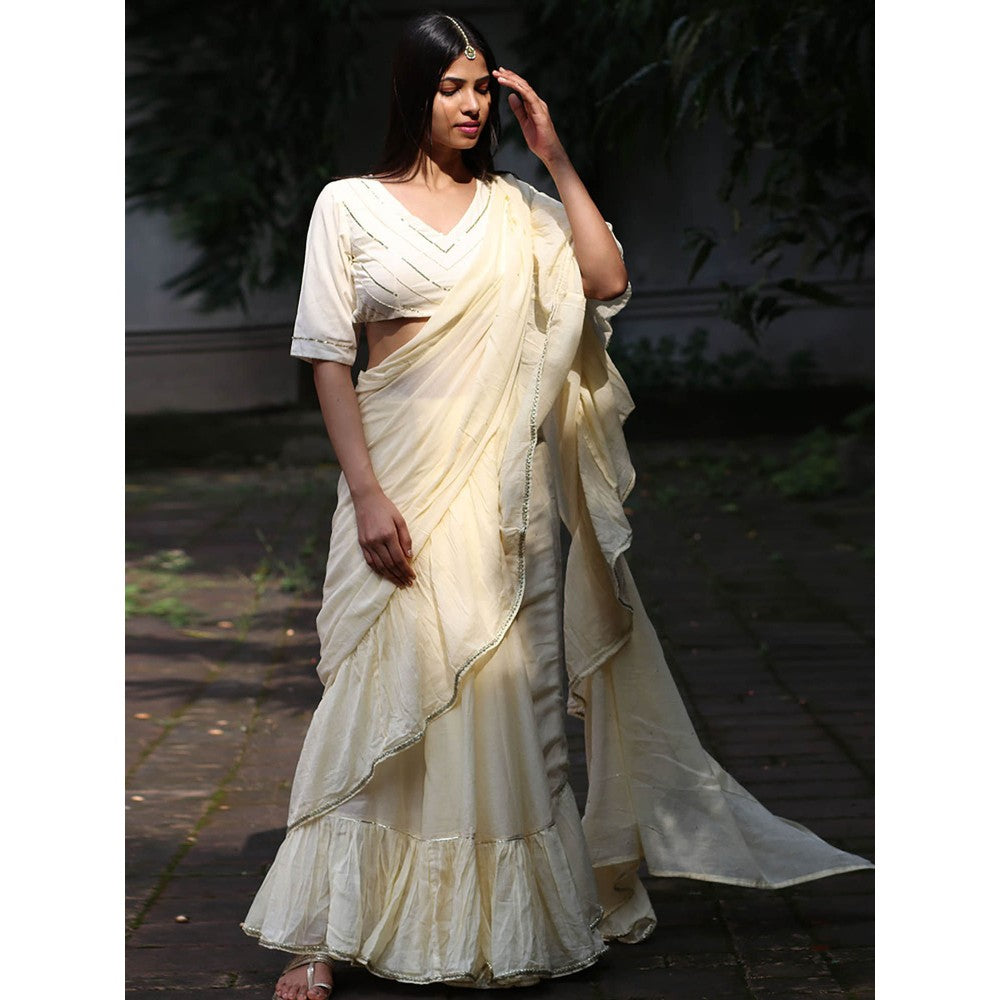 Chidiyaa Jugnu Starlit Cream Mulmul Cotton Saree with Stitched Blouse