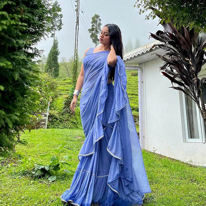 Chidiyaa Jugnu Evening Blue Mulmul Cotton Saree with Stitched Blouse