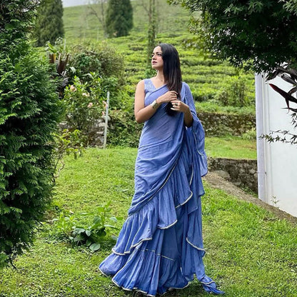 Chidiyaa Jugnu Evening Blue Mulmul Cotton Saree with Stitched Blouse