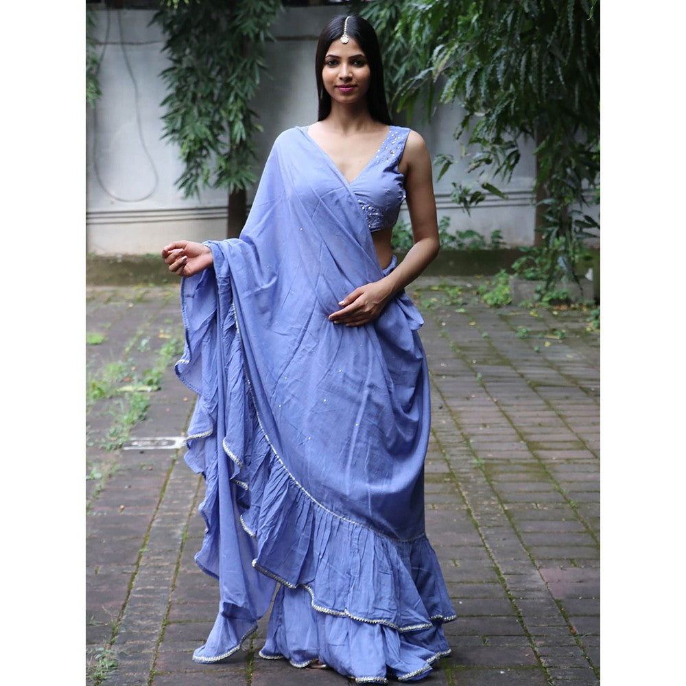 Chidiyaa Jugnu Evening Blue Mulmul Cotton Saree with Stitched Blouse