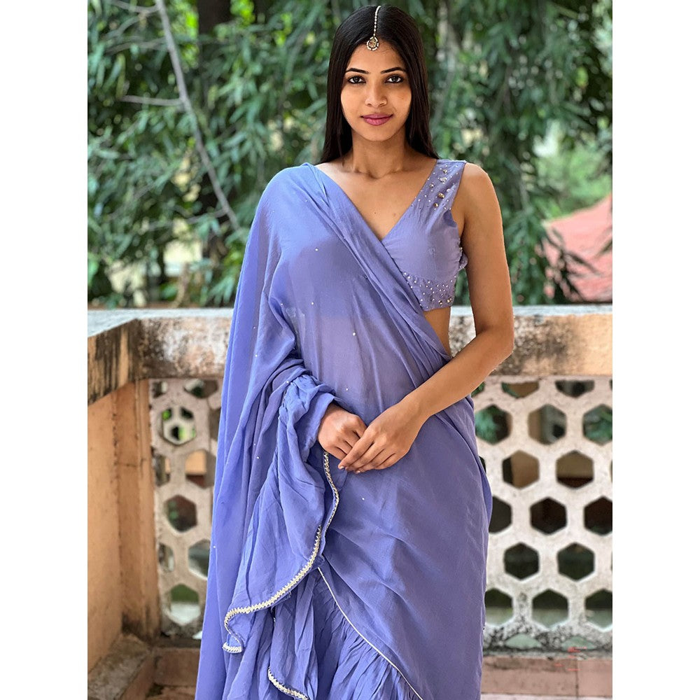 Chidiyaa Jugnu Evening Blue Mulmul Cotton Saree with Stitched Blouse
