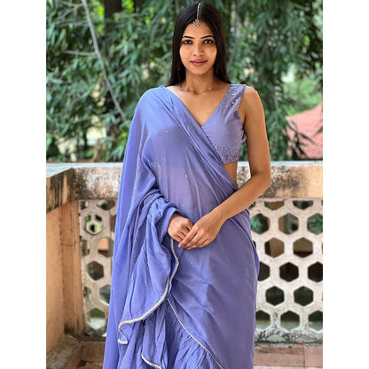 Chidiyaa Jugnu Evening Blue Mulmul Cotton Saree with Stitched Blouse