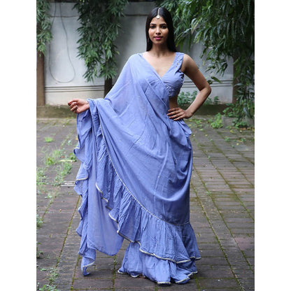 Chidiyaa Jugnu Evening Blue Mulmul Cotton Saree with Stitched Blouse