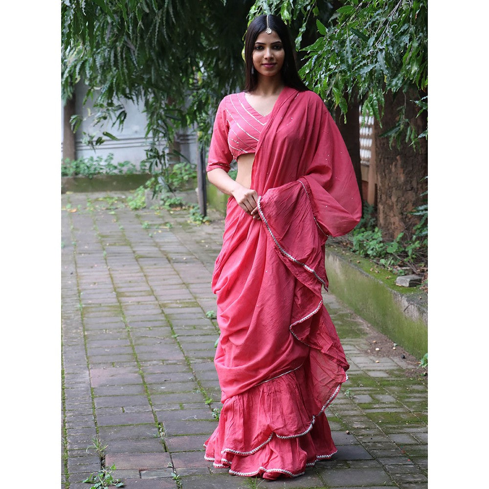 Chidiyaa Jugnu Lumina Pink Mulmul Cotton Saree with Stitched Blouse