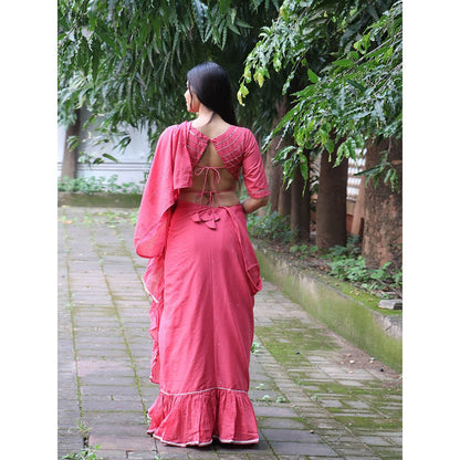Chidiyaa Jugnu Lumina Pink Mulmul Cotton Saree with Stitched Blouse