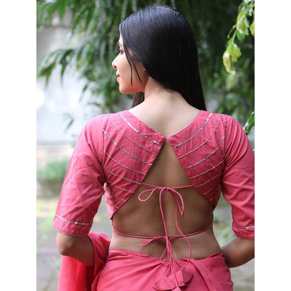 Chidiyaa Jugnu Lumina Pink Mulmul Cotton Saree with Stitched Blouse