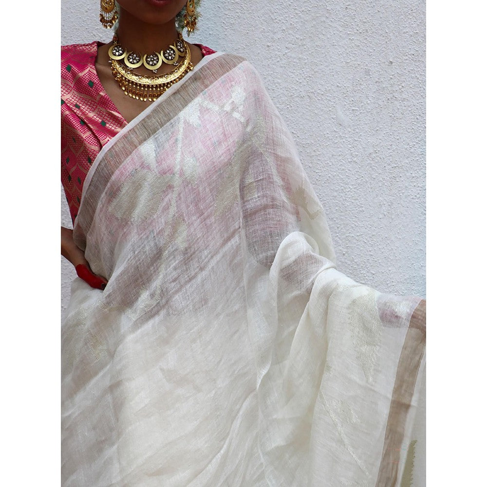 Chidiyaa Juhi Mogra Agnes Jamdani Handwoven Linen Saree with Unstitched Blouse