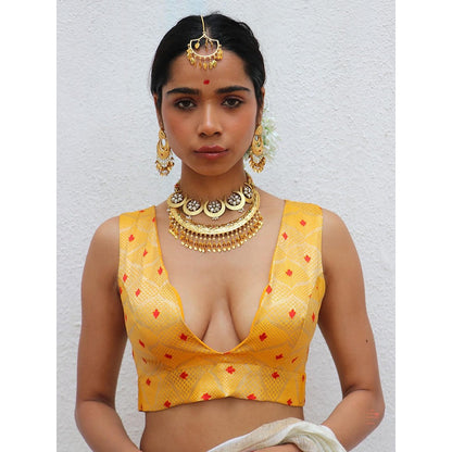 Chidiyaa Juhi Mogra Clementina Yellow Brocade Stitched Blouse