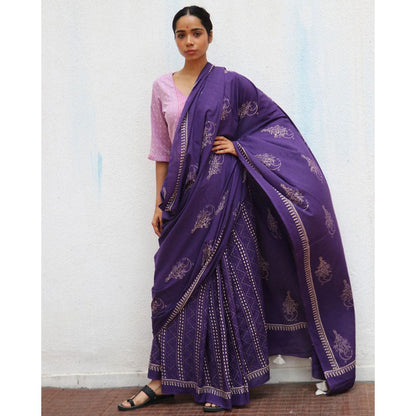 Chidiyaa Paakhi Lovers Moon Purple Hand Block Printed Cotton Saree with Unstitched Blouse