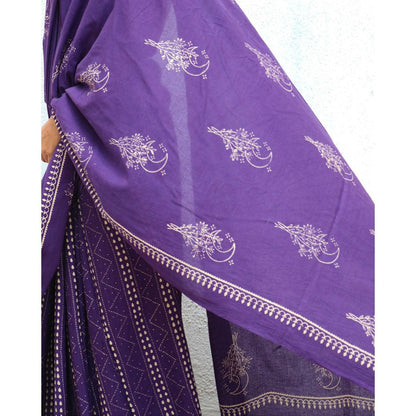 Chidiyaa Paakhi Lovers Moon Purple Hand Block Printed Cotton Saree with Unstitched Blouse