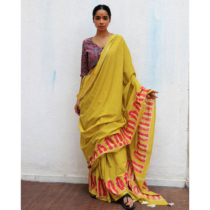 Chidiyaa Paakhi Apricot Sun Mustard Hand Block Printed Cotton Saree with Unstitched Blouse