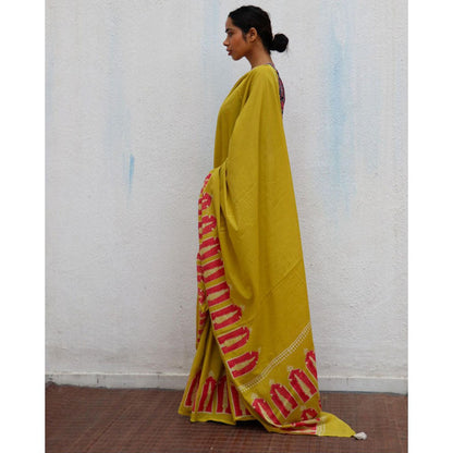 Chidiyaa Paakhi Apricot Sun Mustard Hand Block Printed Cotton Saree with Unstitched Blouse
