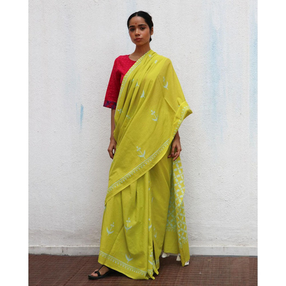 Chidiyaa Paakhi Lady Lime Green Hand Block Printed Cotton Saree with Unstitched Blouse