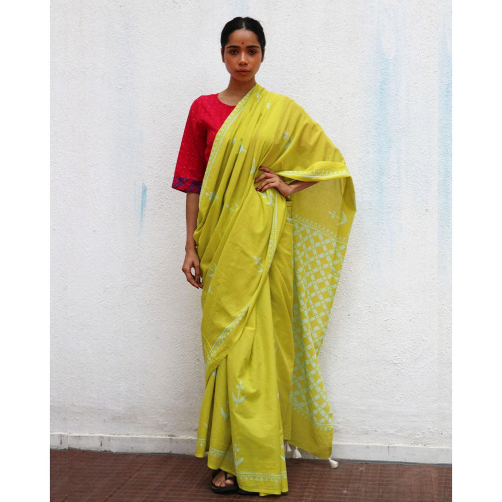 Chidiyaa Paakhi Lady Lime Green Hand Block Printed Cotton Saree with Unstitched Blouse