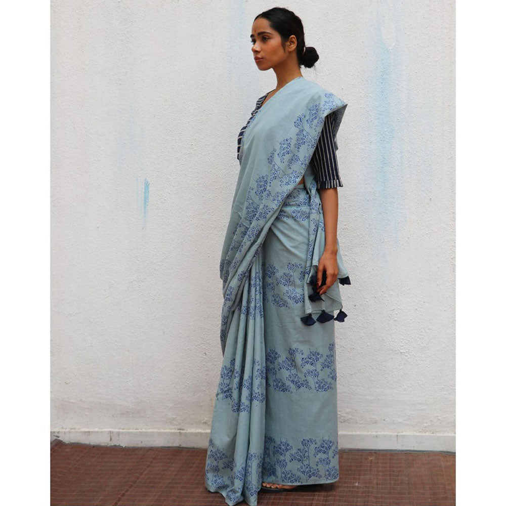 Chidiyaa Paakhi Almond Blossoms Hand Block Printed Cotton Saree with Unstitched Blouses