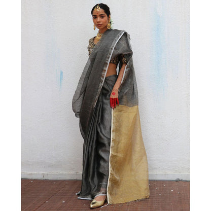 Chidiyaa Chandni Raatein Charulata Handwoven Linen Zari Saree with Unstitched Blouse