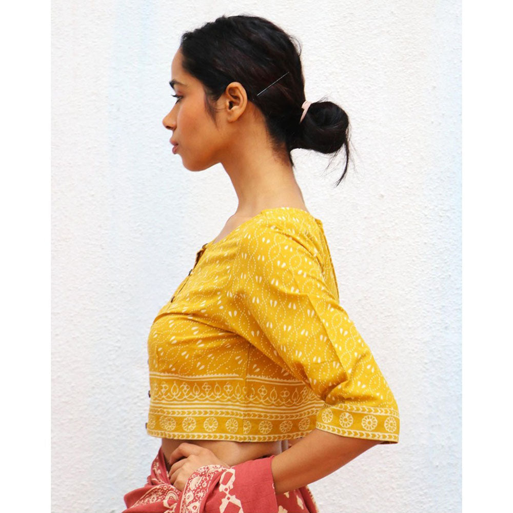 Chidiyaa Paakhi Daffodils Hand Block Printed Cotton Stitched Blouse