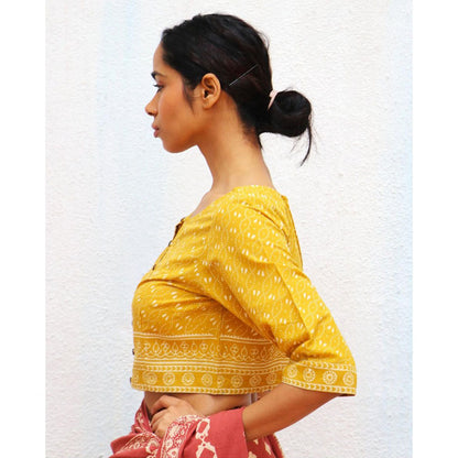 Chidiyaa Paakhi Daffodils Hand Block Printed Cotton Stitched Blouse